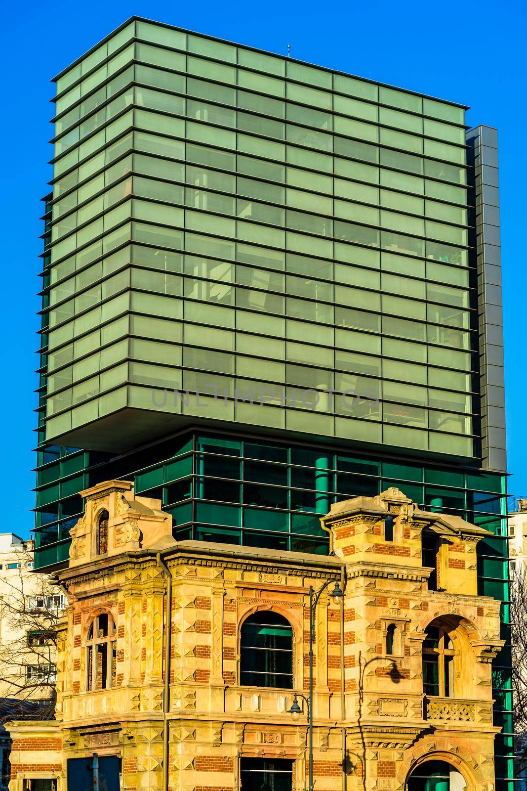 Detail view of the modern building of the Union of Romanian Architects in downtown Bucharest, Romania, 2020