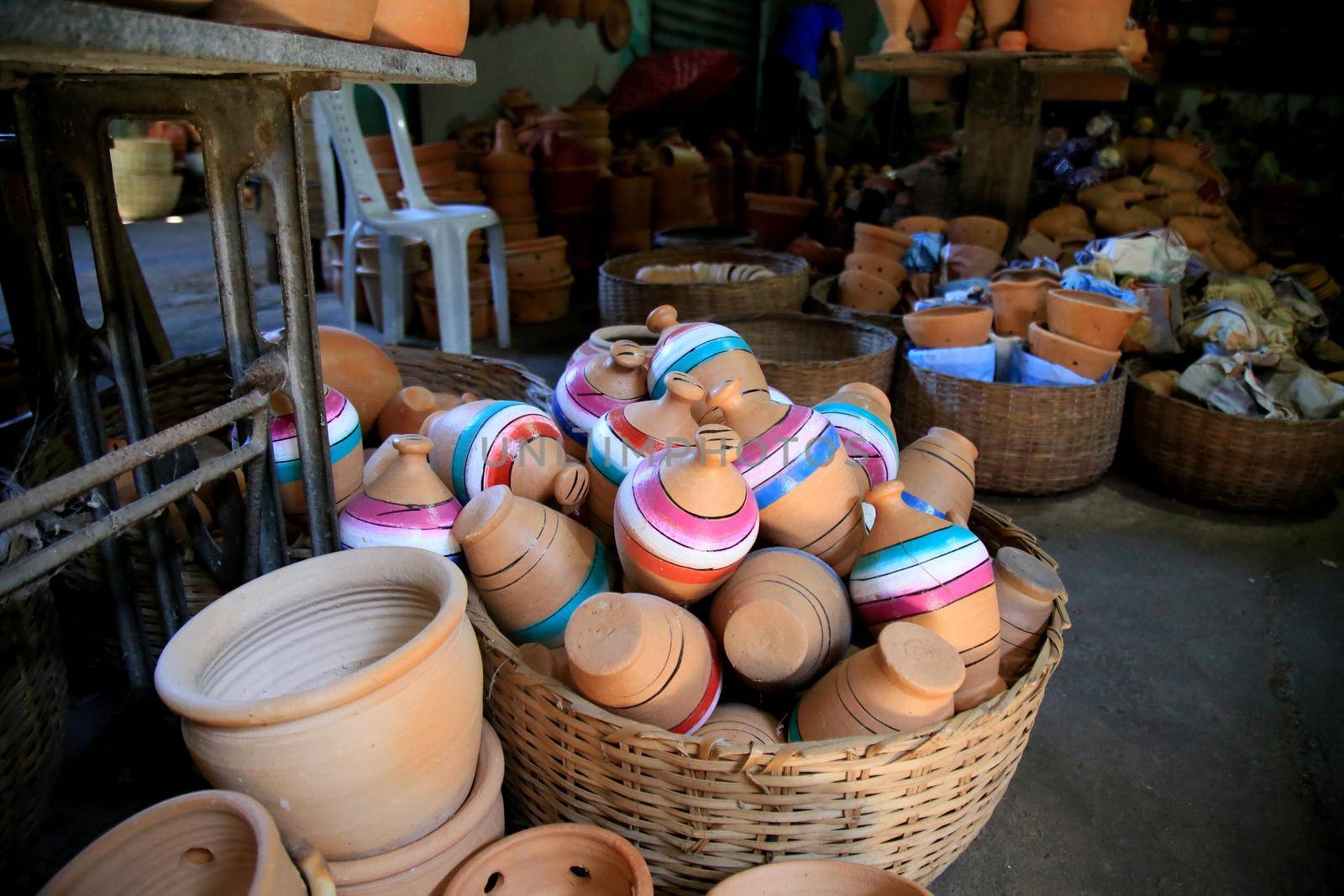 salvador, bahia, brazil - june 28, 2021: pieces made of clay in pottery are seen for sale at the Sao Joaquim fair in the city of Salvador.
