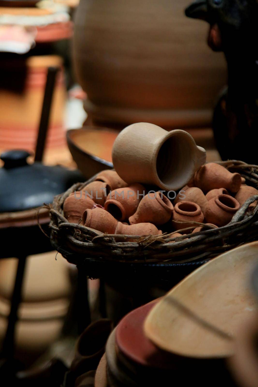 salvador, bahia, brazil - june 28, 2021: pieces made of clay in pottery are seen for sale at the Sao Joaquim fair in the city of Salvador.
