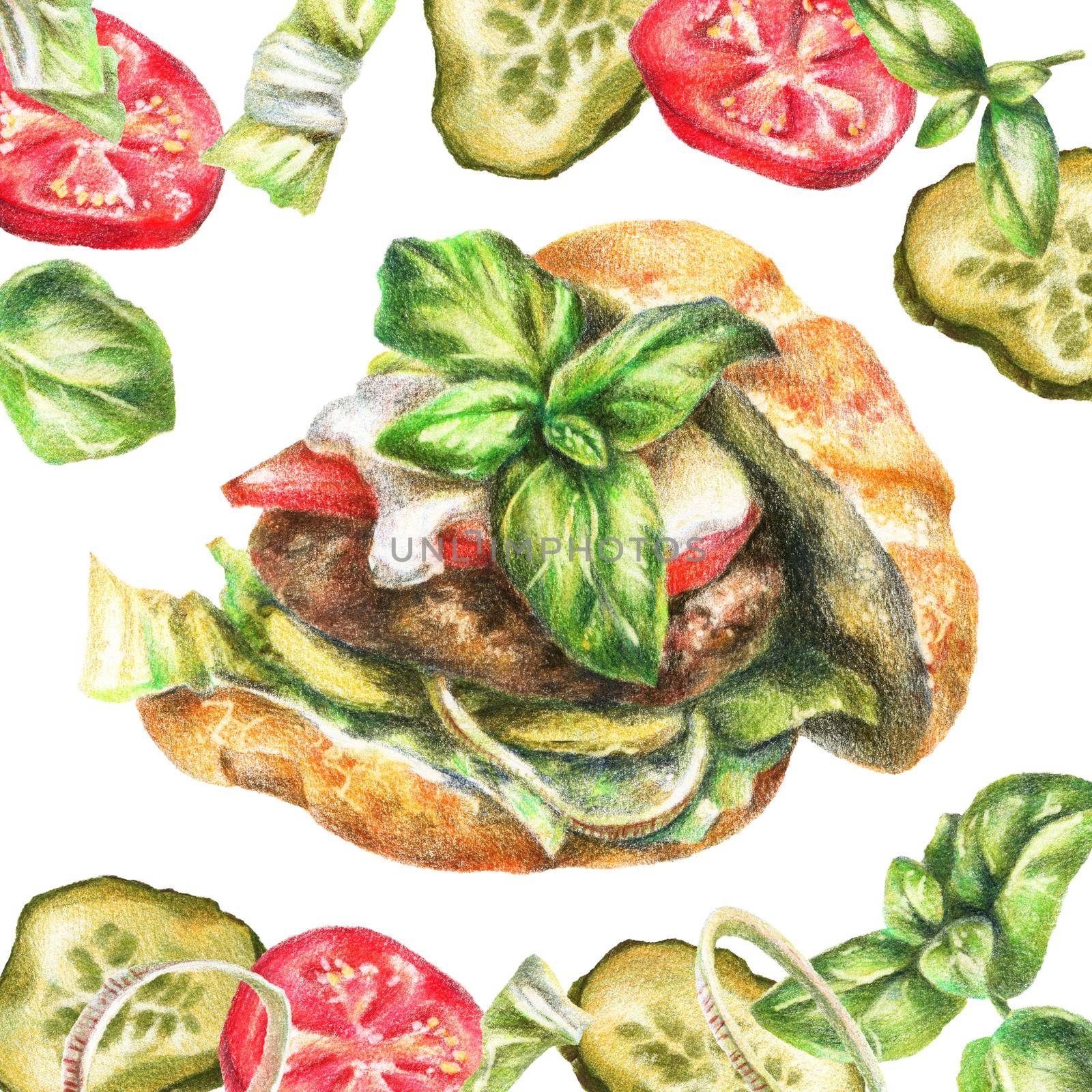Color pencils realistic food illustration - burger, tomato, pickle, onion, basil, lettuce leaves. Hand-drawn objects on white background.