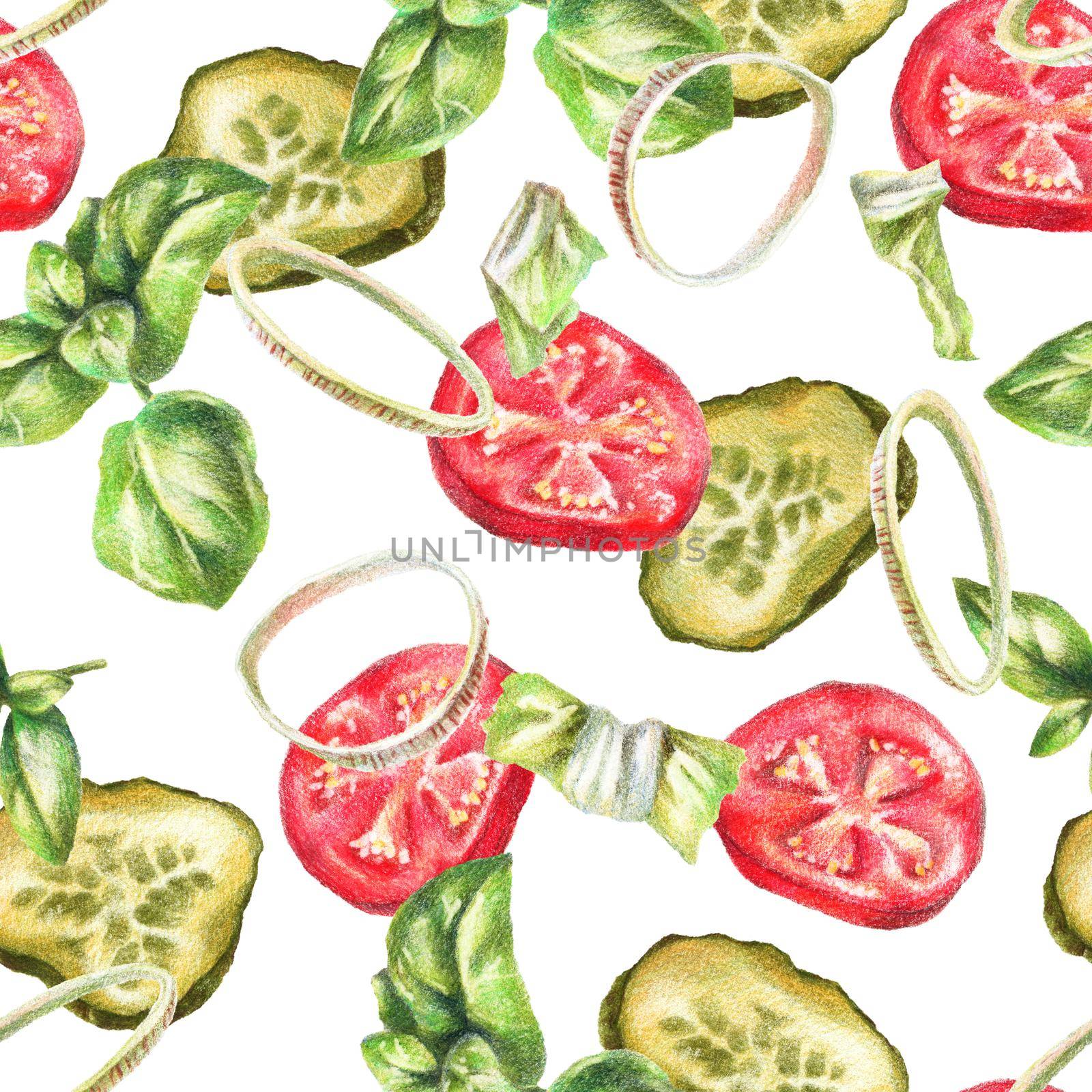 Color pencils realistic food illustration - tomato, pickle, onion, basil, lettuce leaves. Seamless pattern hand-drawn vegetables on white background.