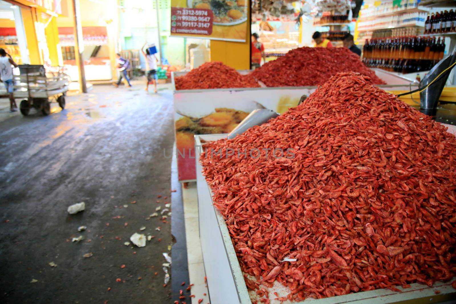 salvador, bahia, brazil - june 28, 2021: dehydrated and salted shrimp for sale at the Sao Joaquim fair in the city of Salvador.


