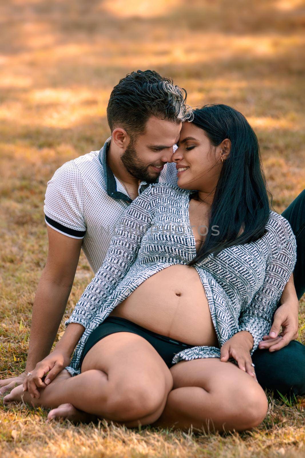 Young couple sitting on the grass. The young woman is pregnant