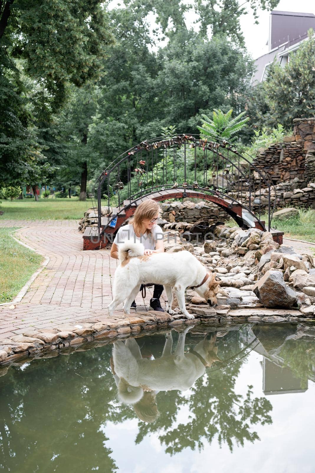 young caucasian woman walking her dog in a summer park