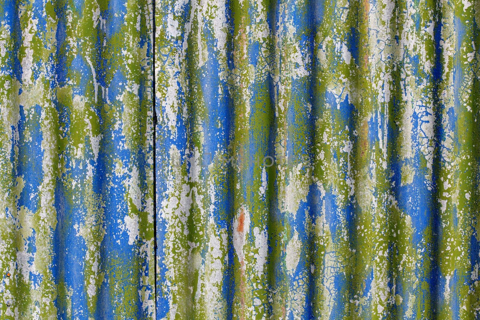 colorful motley peeled off paint layers on corrugated zinc coated steel sheet - full frame background and texture