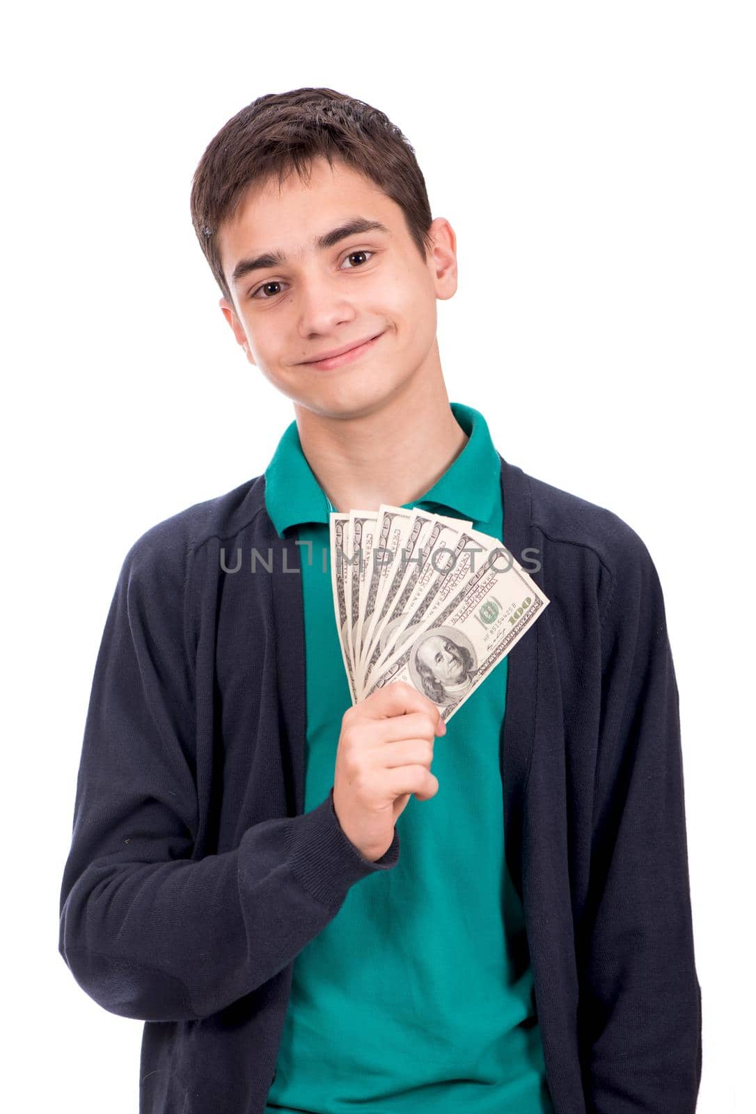 financial, planning, childhood and concept - smiling boy holding dollar cash money in his hand over white background by aprilphoto