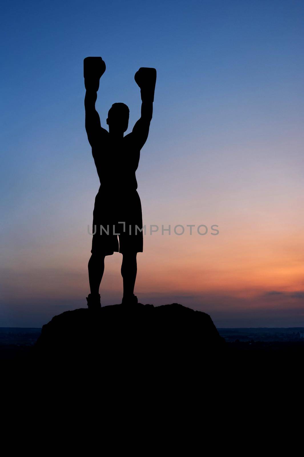 Vertical shot of a silhouette of a muscular fit boxing fighter celebrating winning with a victorious gesture raising his arms in gloves up in the air sunset on the background copyspace achievement .