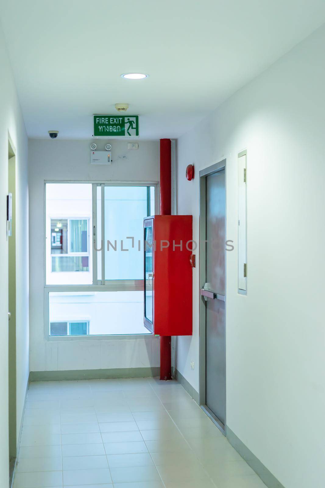 Fire escape doors and fire extinguishers in building