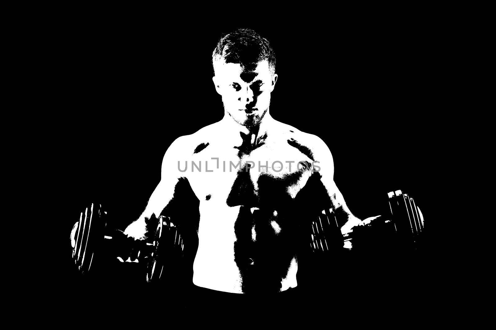 Black and white illustration of a shirtless muscular male bodybuilder lifting heavy dumbbells fitness gym motivation determination exercising training power strength brutality sports health people.