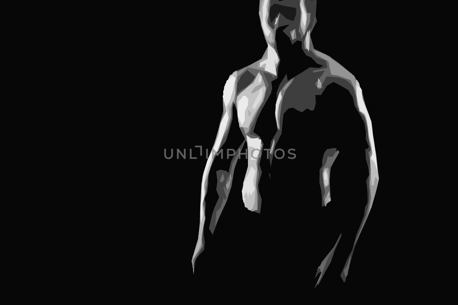 Cropped illustration of a muscular shirtless man with strong ripped fit and toned body on black background copyspace muscles masculinity confidence motivation sportive sports athlete active lifestyle. 