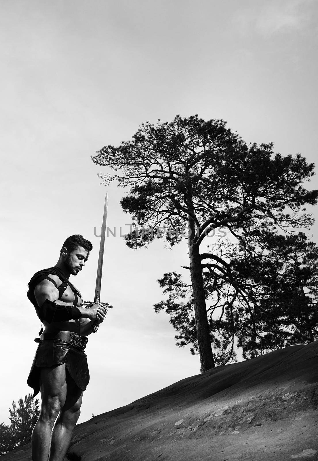 Young muscular warrior with a sword at the mountains by SerhiiBobyk