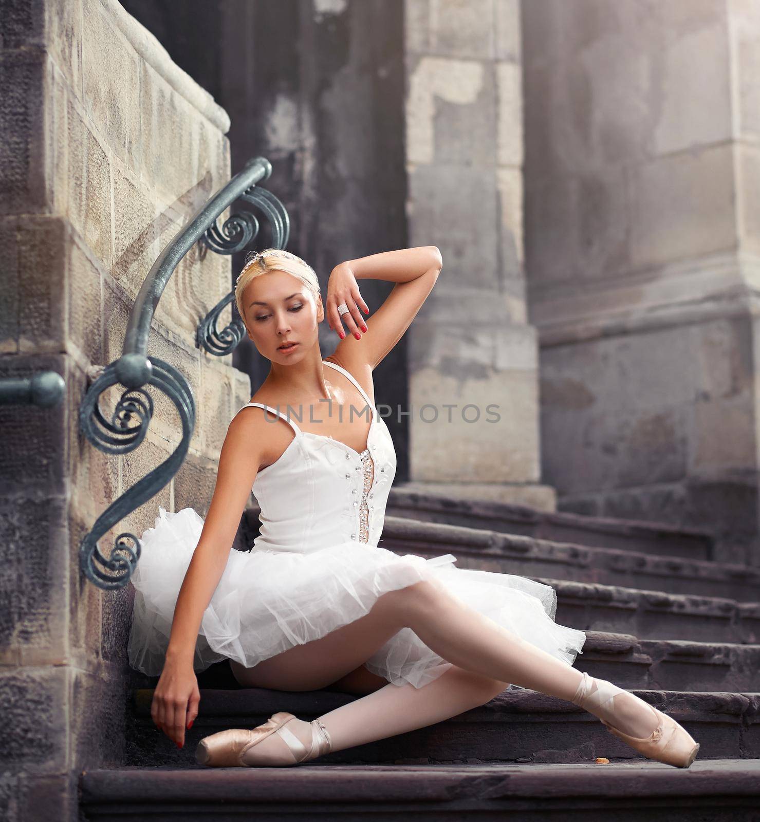 Beautiful ballet woman on stairs by SerhiiBobyk