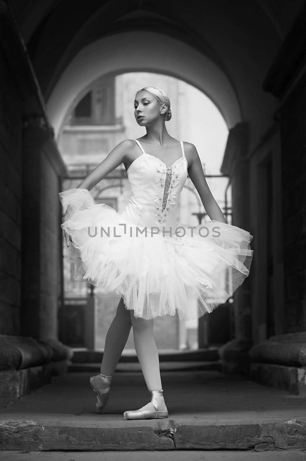 Can you be more graceful Monochrome shot of an elegant female ballet dancer posing in an archway soft focus