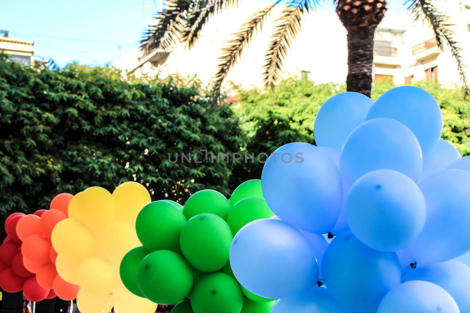 Colorful balloons in the town hall of Elche for the International Gay Pride Day