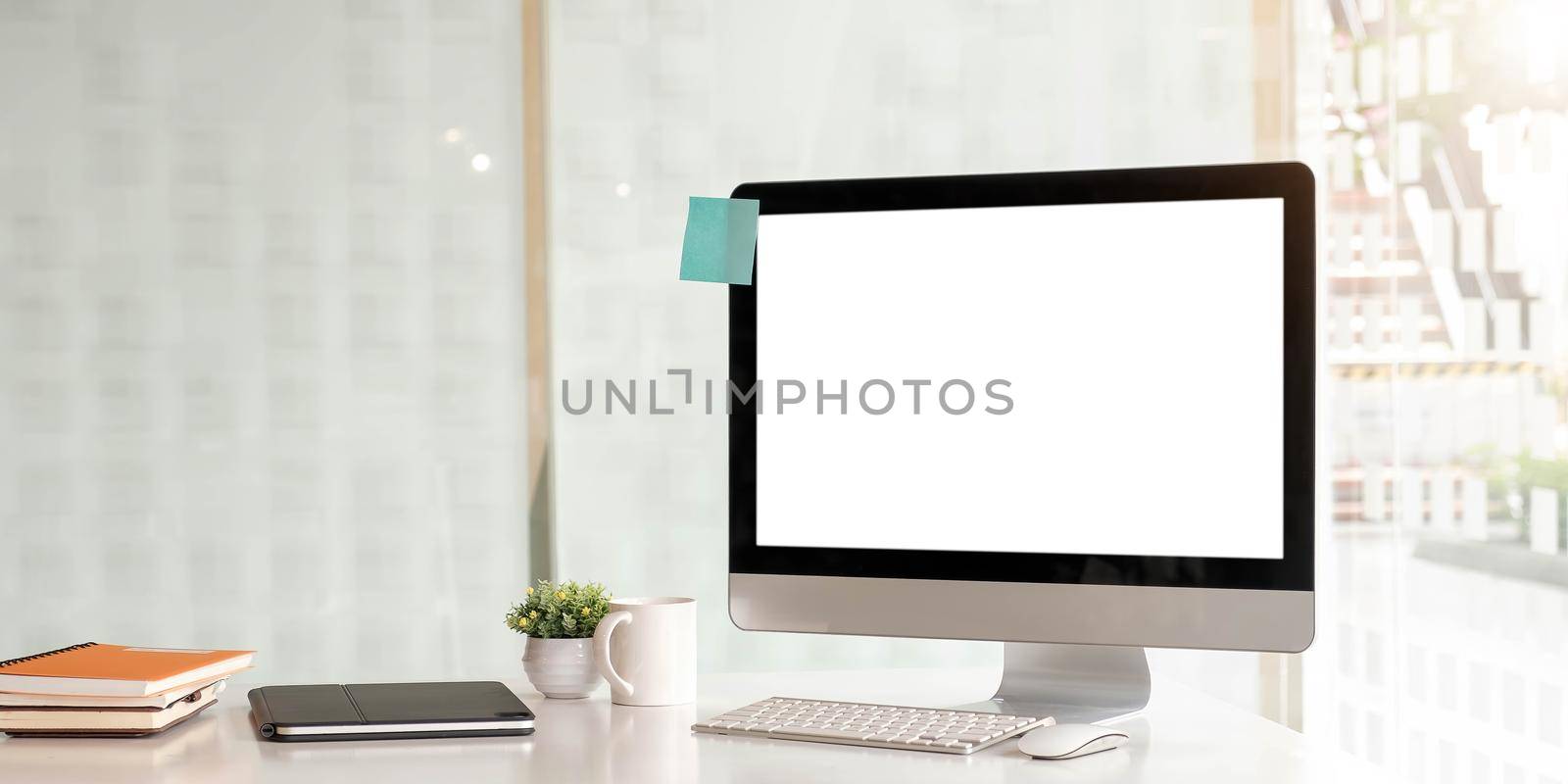 Workplace mockup concept. Mock up modern home decor desktop computer.Mockup desktop by wichayada