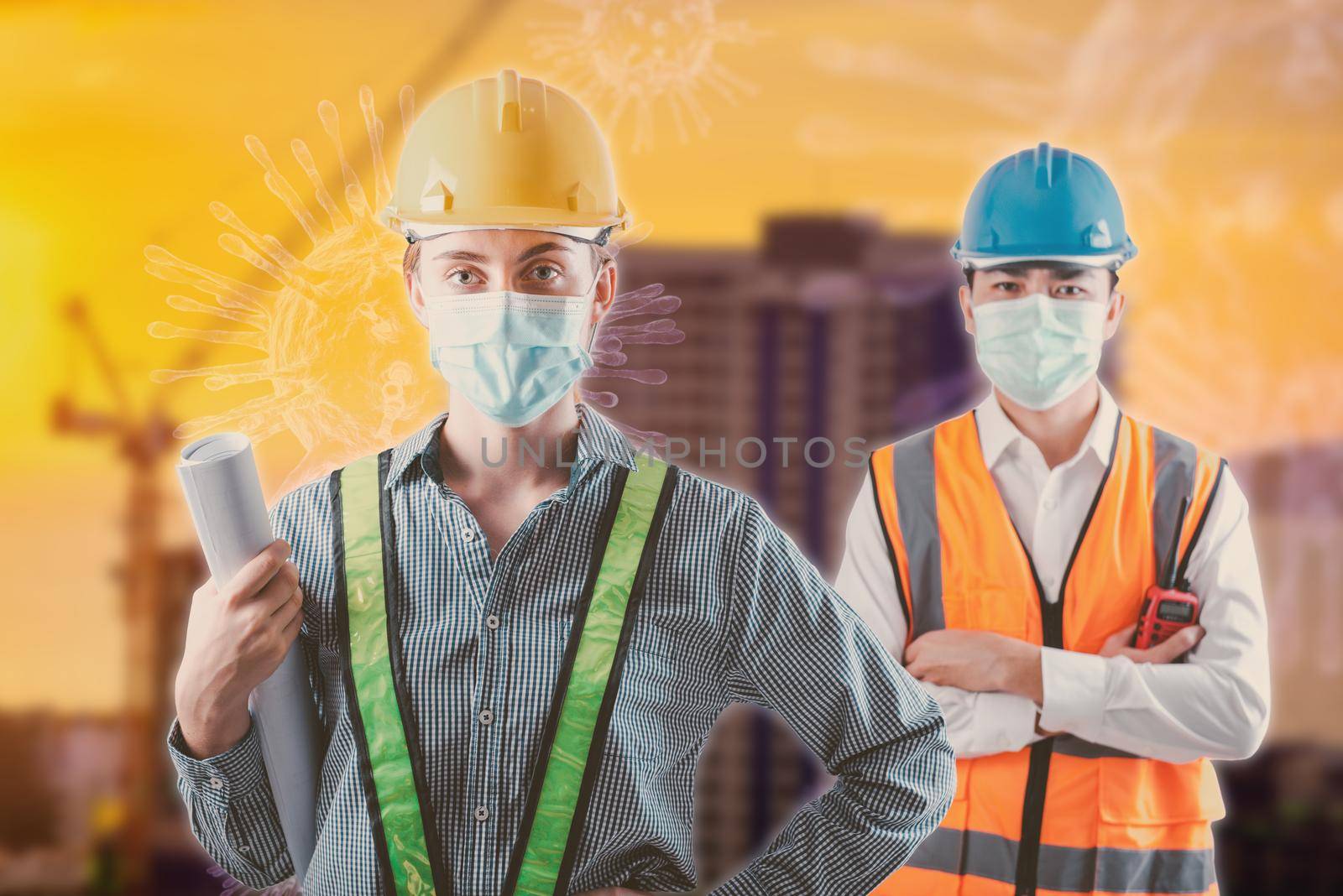 Coronavirus Covid-19 Disease Epidemic Crisis Situation, Construction Worker Standing in Line for Fever Body Scanning Thermometer Scan at Construction Site.Corona-Virus Covid19 Prevention of New Normal