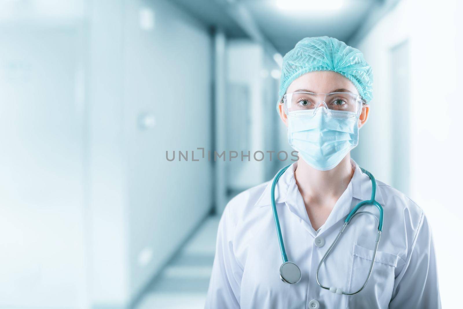 Medical Surgical Doctor and Health Care, Portrait of Surgeon Doctor in PPE Equipment on Isolated Background. Medicine Female Doctors Wearing Face Mask and Cap for Patients Surgery Work. Medic Hospital