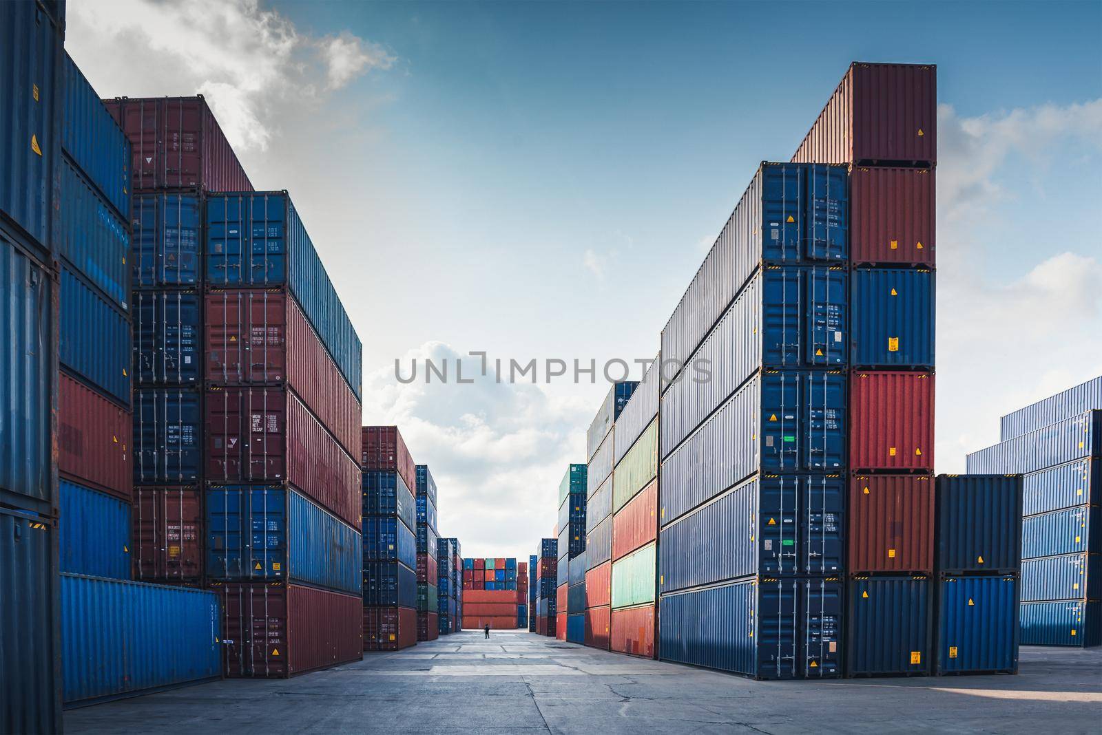 Container Cargo Port Ship Yard Storage Handling of Logistic Transportation Industry. Row of Stacking Containers of Freight Import/Export Distribution Warehouse. Shipping Logistics Transport Industrial