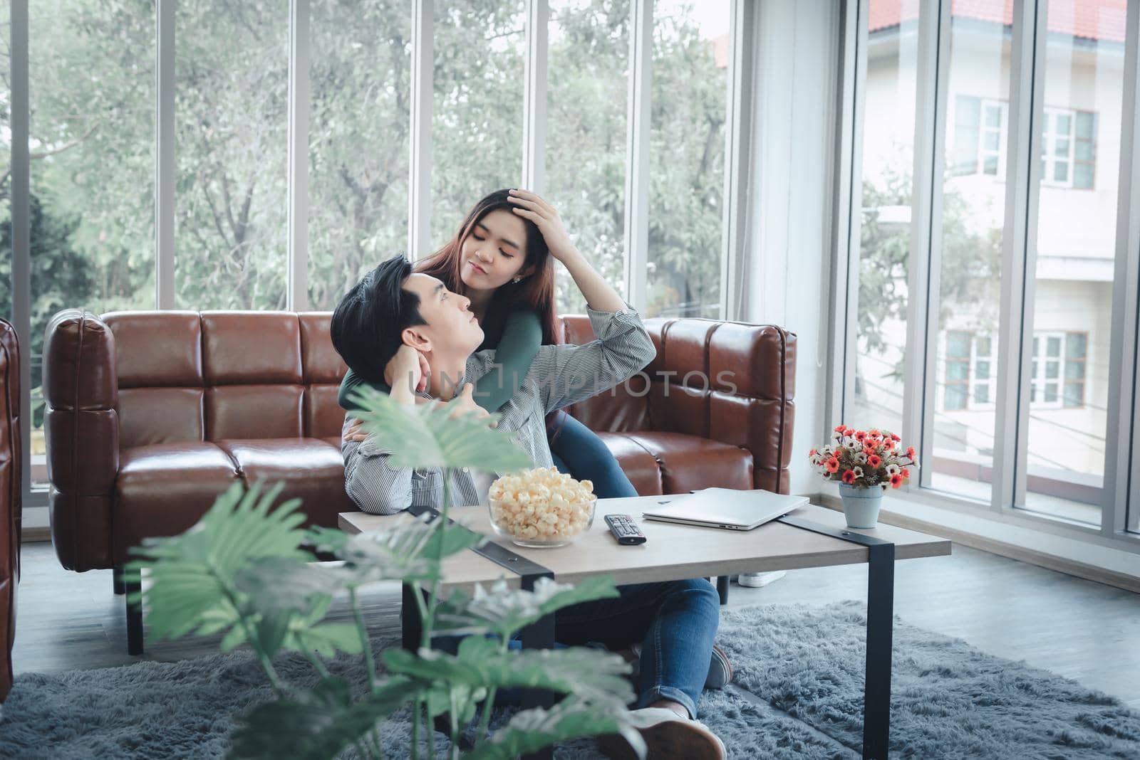 Couple Love Having Coronavirus Covid-19 Quarantine at Home, Portrait of Asian Couple Enjoying in Living Room Together During Quarantined Covid19 at Their House. Couple Relationship Leisure Lifestyle