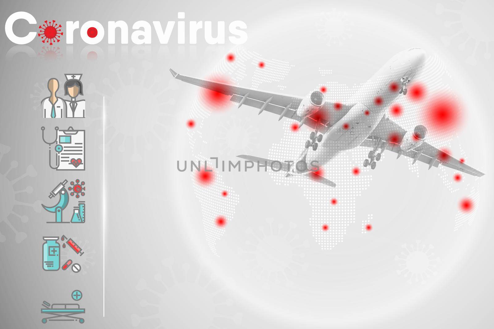 Coronavirus Crisis and Health Prevention From Covid-19 Virus of Public Airplane Aviation, Medical Covid Pandemic Guideline Template for Passenger of Transportation Airline. Healthcare/Medicine Concept