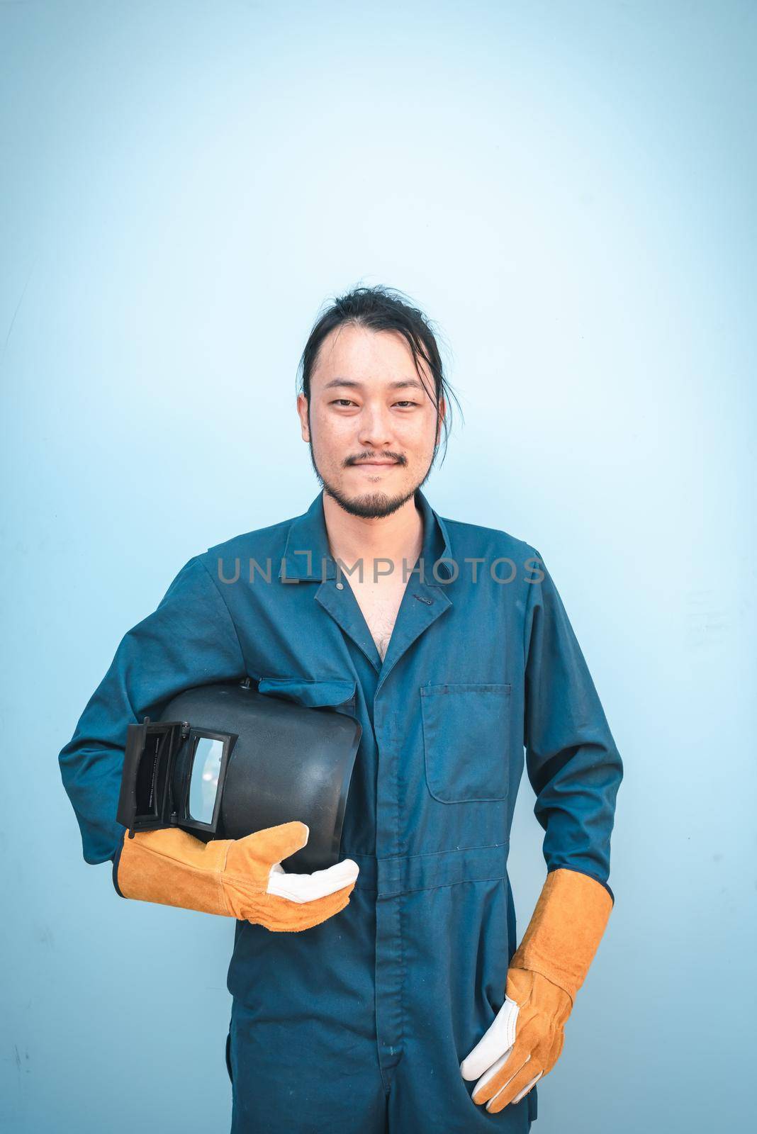 Construction Welding Worker Holding Constructing Equipment Tools on Isolated Background. Welder Man Builder Real Estate Jobs Occupation, Business Engineering Industry and Building Development Concept.