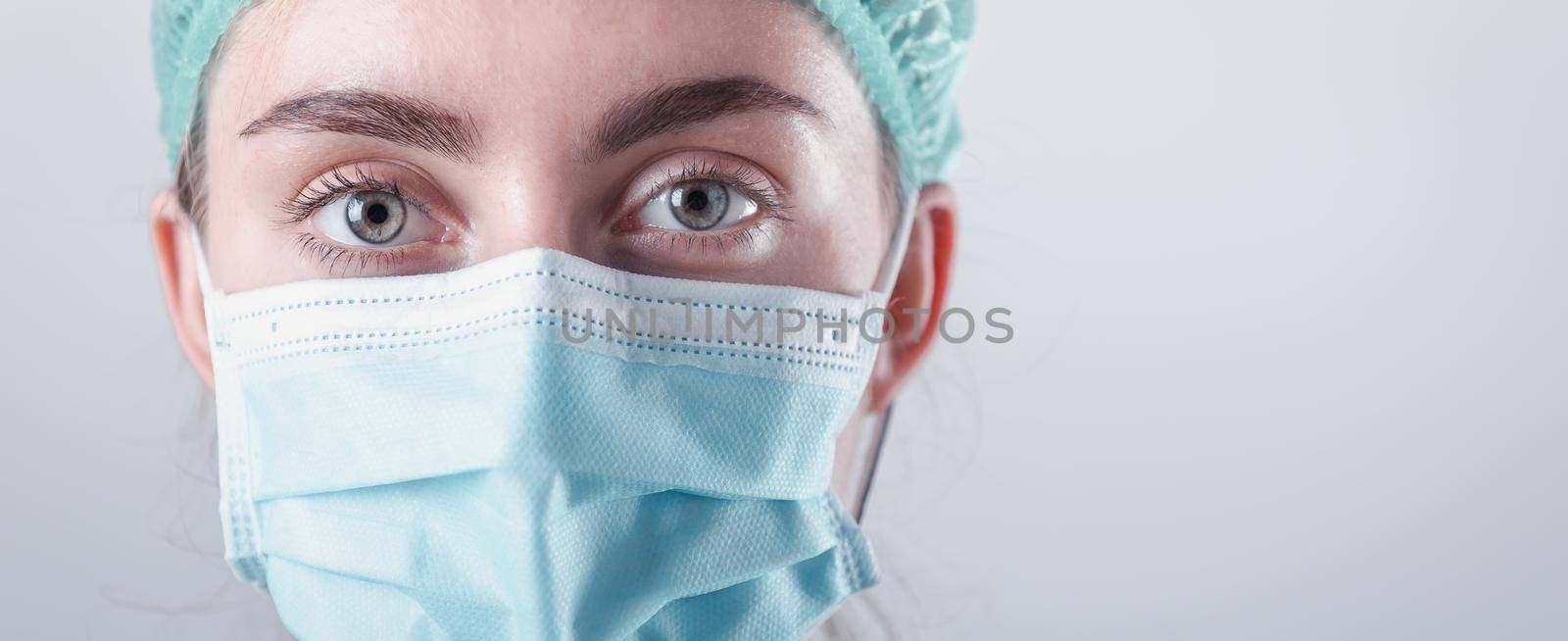 Medical Surgical Doctor and Health Care, Portrait of Surgeon Doctor in PPE Equipment on Isolated Background. Medicine Female Doctors Wearing Face Mask and Cap for Patients Surgery Work. Medic Hospital