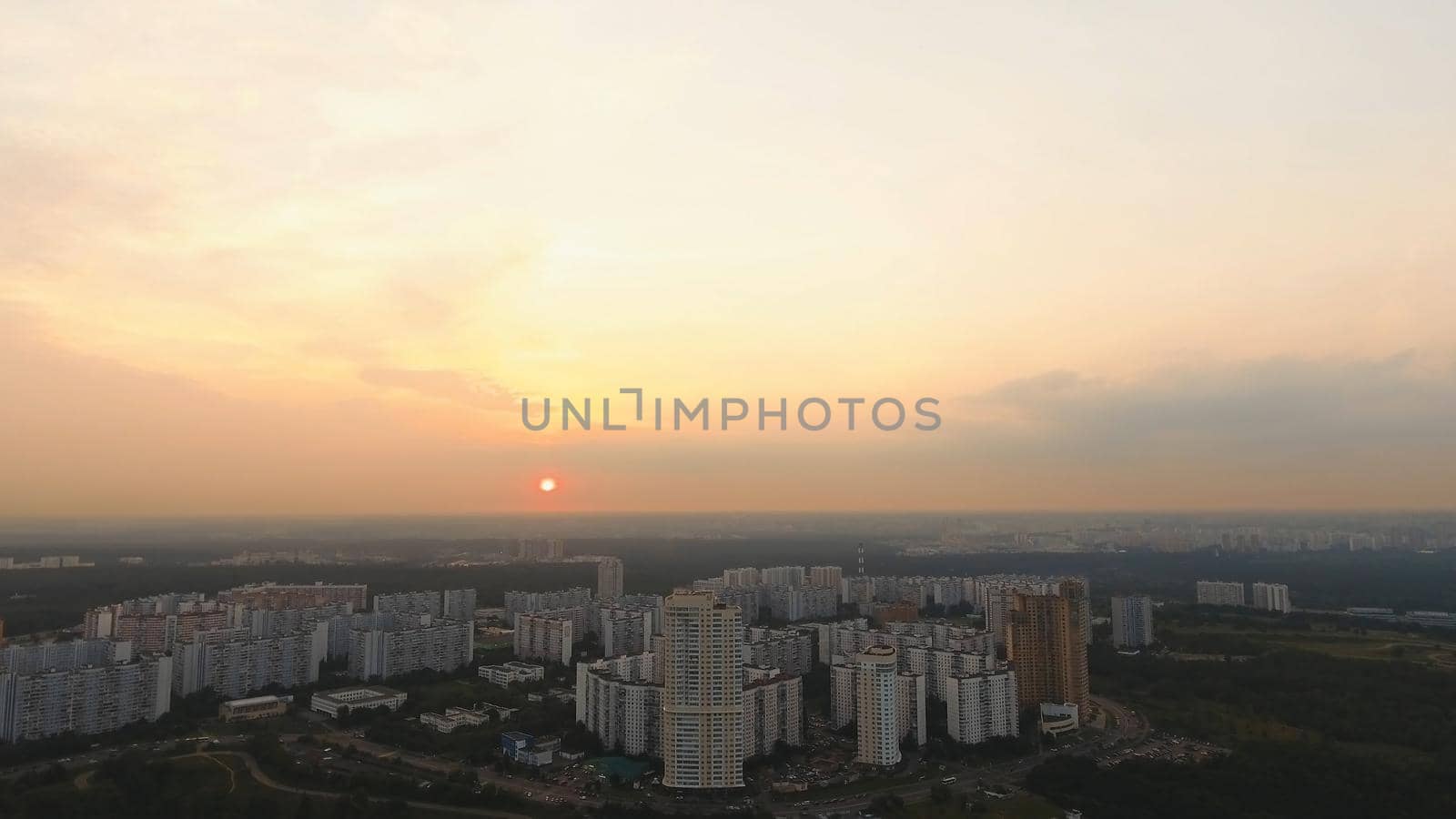 Aerial view Moscow Skyline of big city full of skyscrapers at sunset. Urban landscape of large cities with modern buildings.