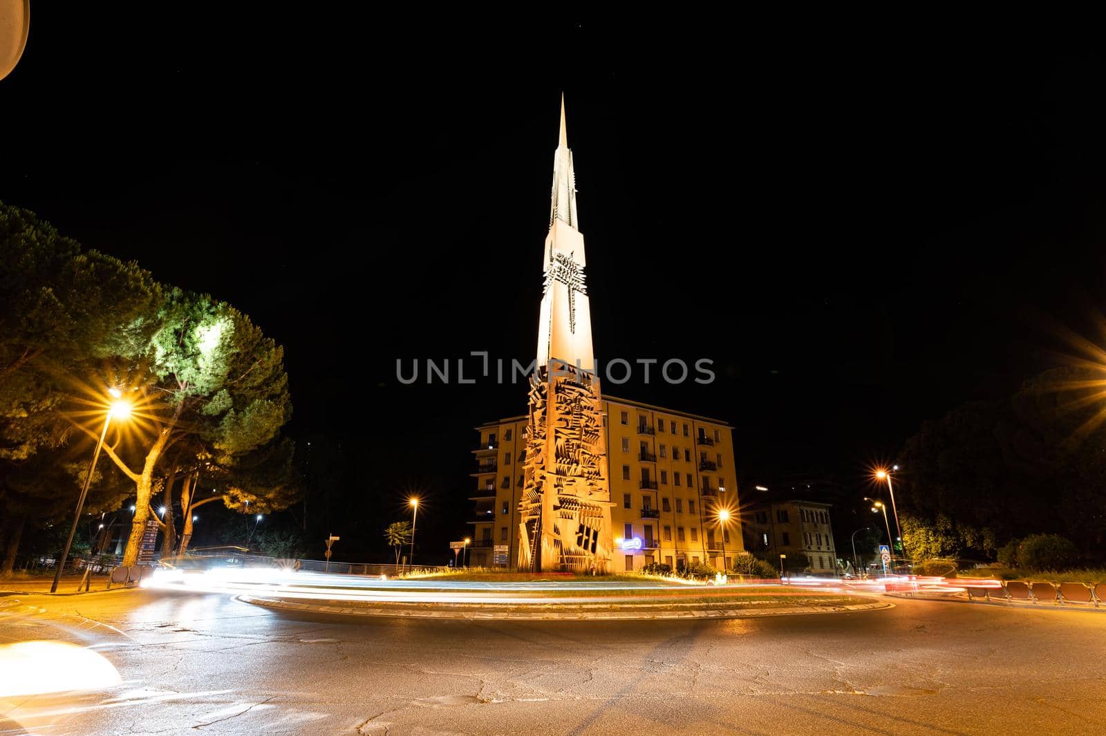 terni,italy june 30 2021:Terni rotunda with the monument of Arnaldo pomodoro at night