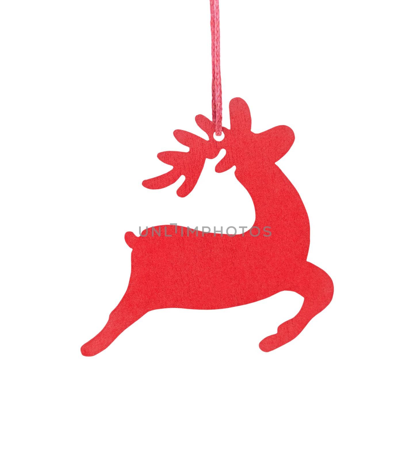 Hanging wooden deer Christmas tree ornament isolated on a white background.