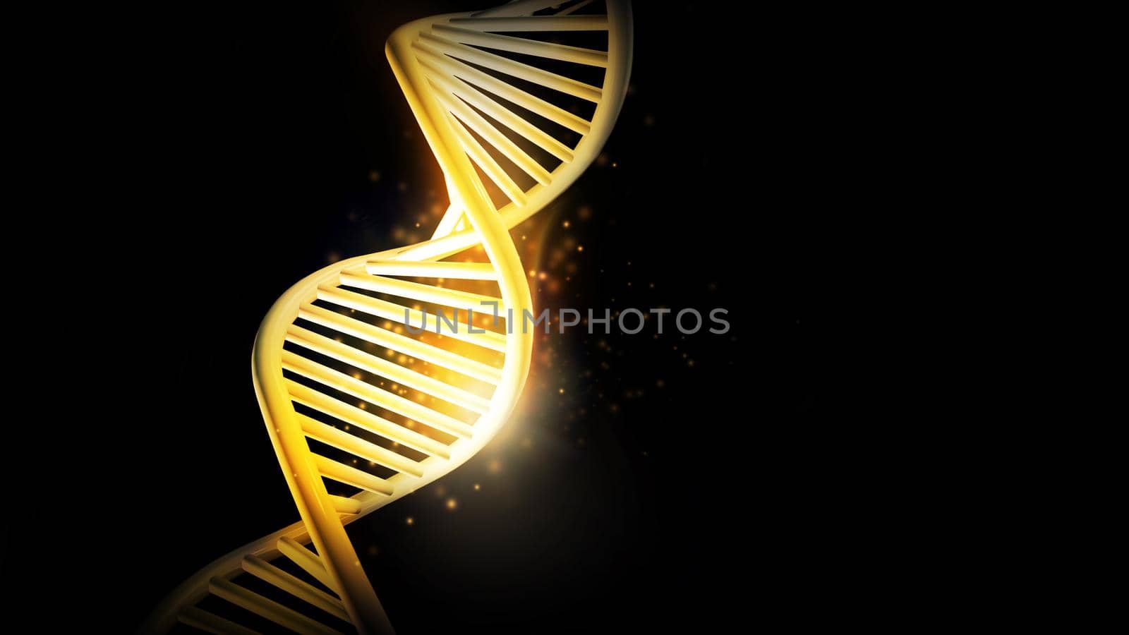 Golden glow of DNA model on a black background, 3D render. by ConceptCafe