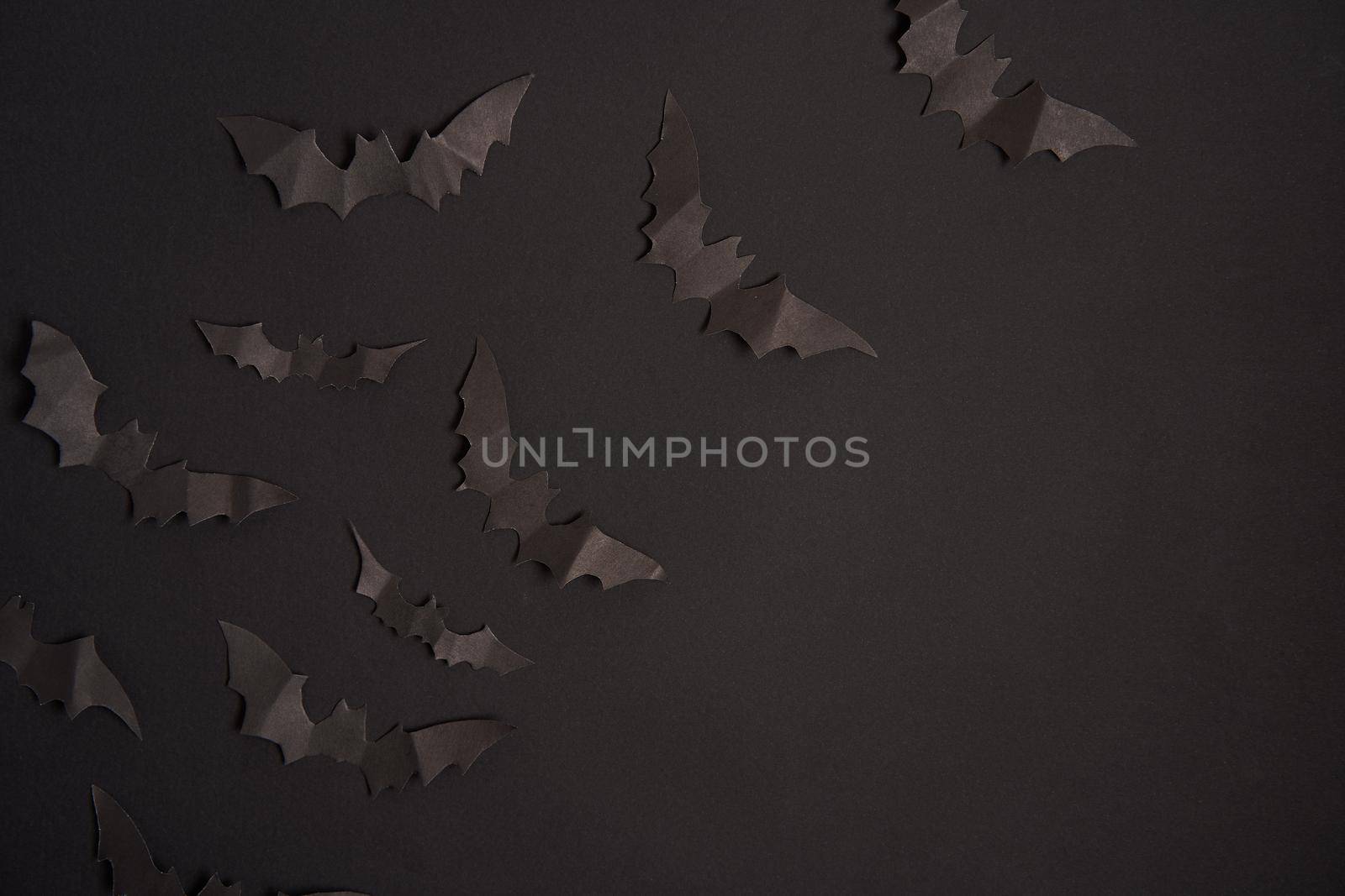 Halloween decoration concept black paper bats black cardboard background by andreonegin