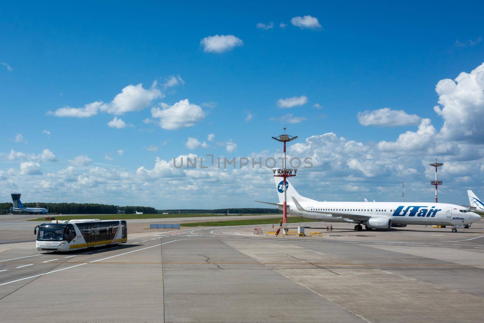 July 2, 2019 Moscow, Russia. Passenger bus at Vnukovo airport