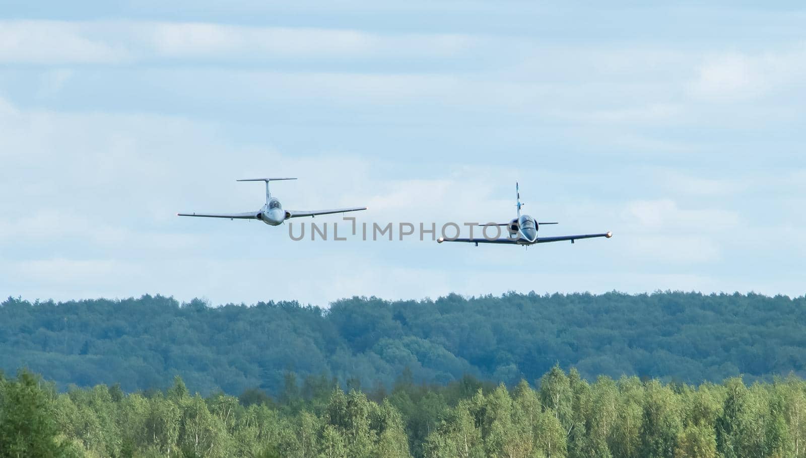 September 12, 2020, Kaluga region, Russia. Training aircraft Aero L-39 Albatros and Aero L-29 Delfin perform a training flight at the Oreshkovo airfield.