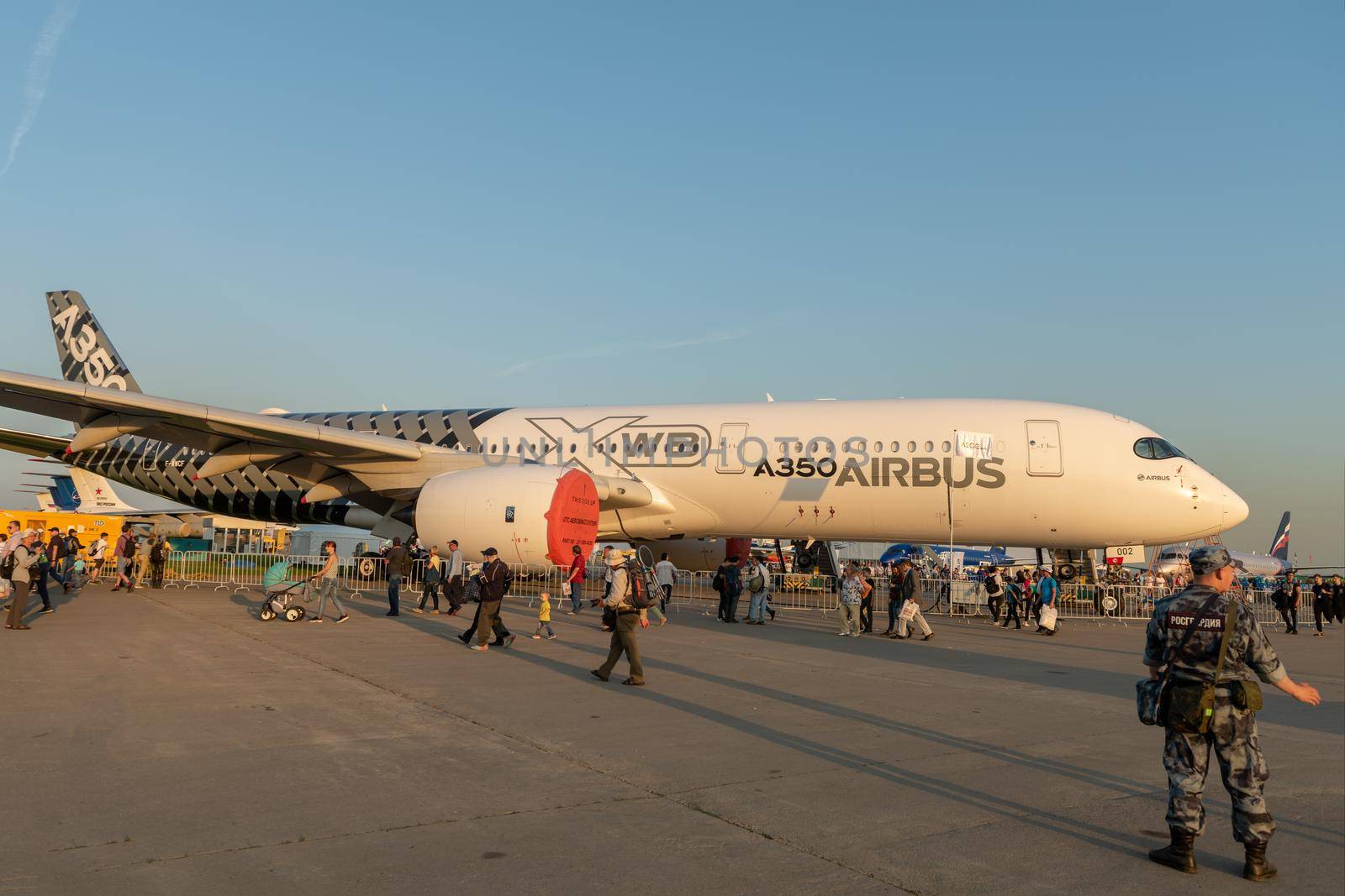 August 30, 2019. Zhukovsky, Russia. long-range wide-body twin-engine passenger aircraft Airbus A350-900 XWB Airbus Industrie at the International Aviation and Space Salon MAKS 2019.