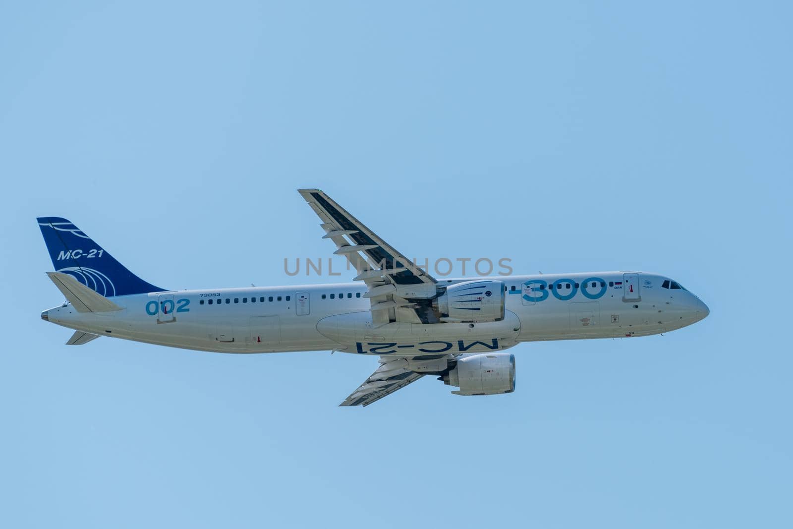 August 30, 2019. Zhukovsky, Russia. Promising Russian medium-range narrow-body passenger aircraft Irkut MC-21 at the International Aviation and Space Salon MAKS 2019.