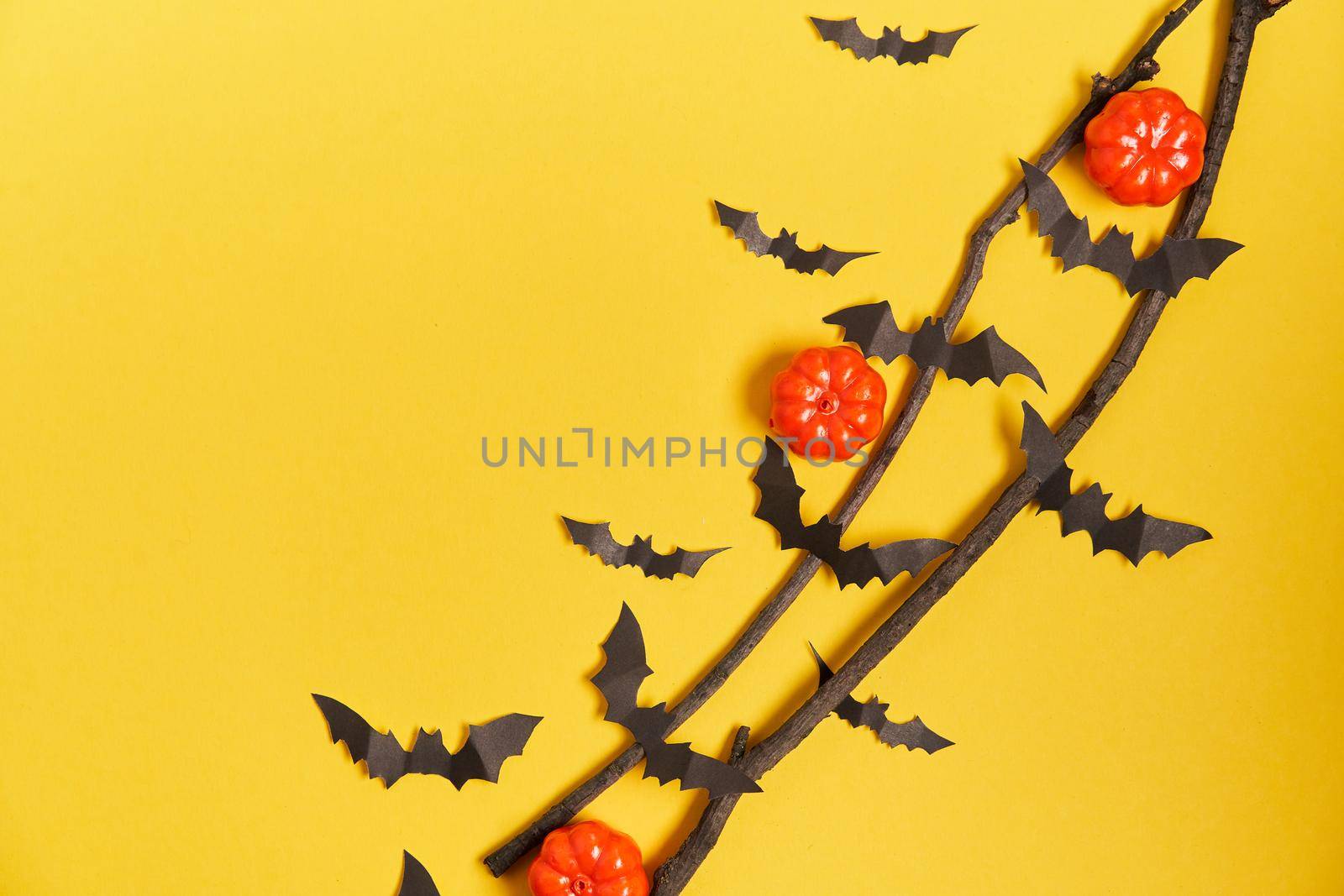 Halloween background, orange decorative plastic pumpkin black paper bat yellow cardboard Thanksgiving greeting card by andreonegin