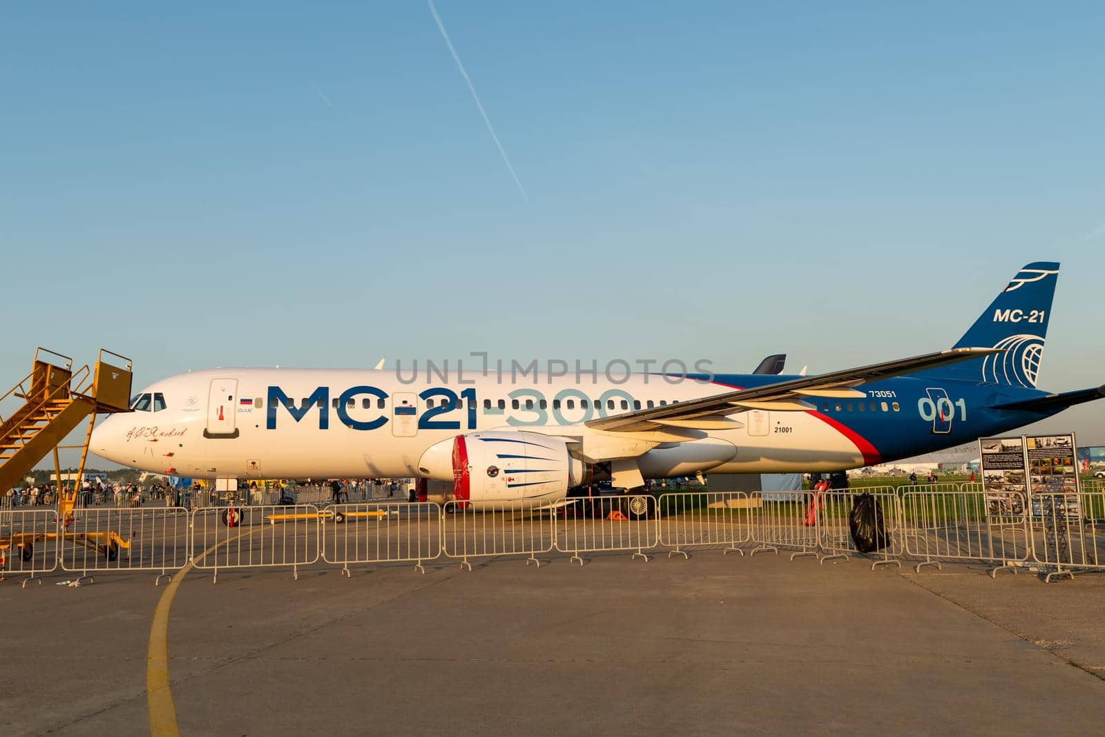 August 30, 2019. Zhukovsky, Russia. Promising Russian medium-range narrow-body passenger aircraft Irkut MC-21 at the International Aviation and Space Salon MAKS 2019.