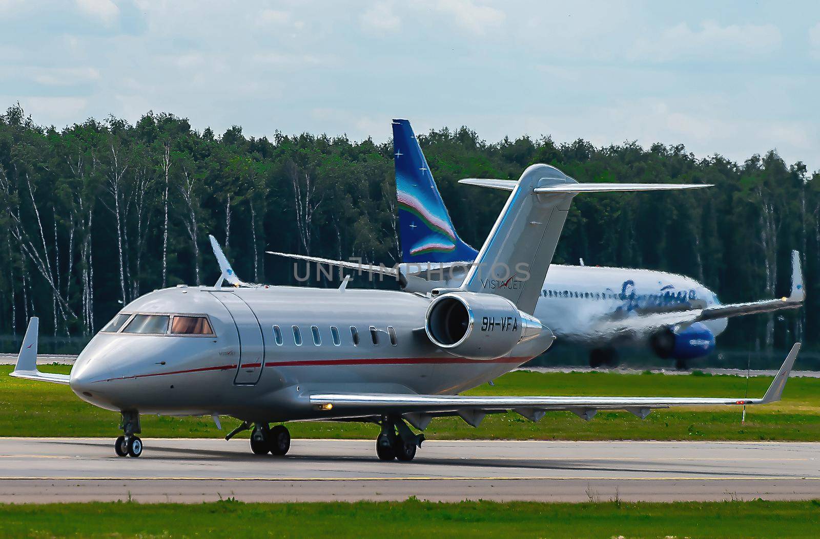 July 2, 2019, Moscow, Russia. Airplane Bombardier CL-600-2B16 Challenger 605 Vistajet airline at Vnukovo airport in Moscow.