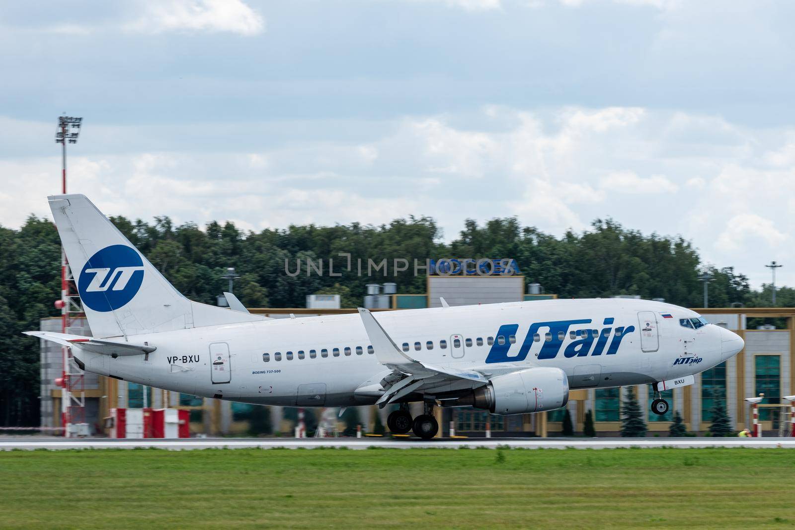 July 2, 2019, Moscow, Russia. Airplane Boeing 737-500 UTair Aviation Airlines at Vnukovo airport in Moscow.