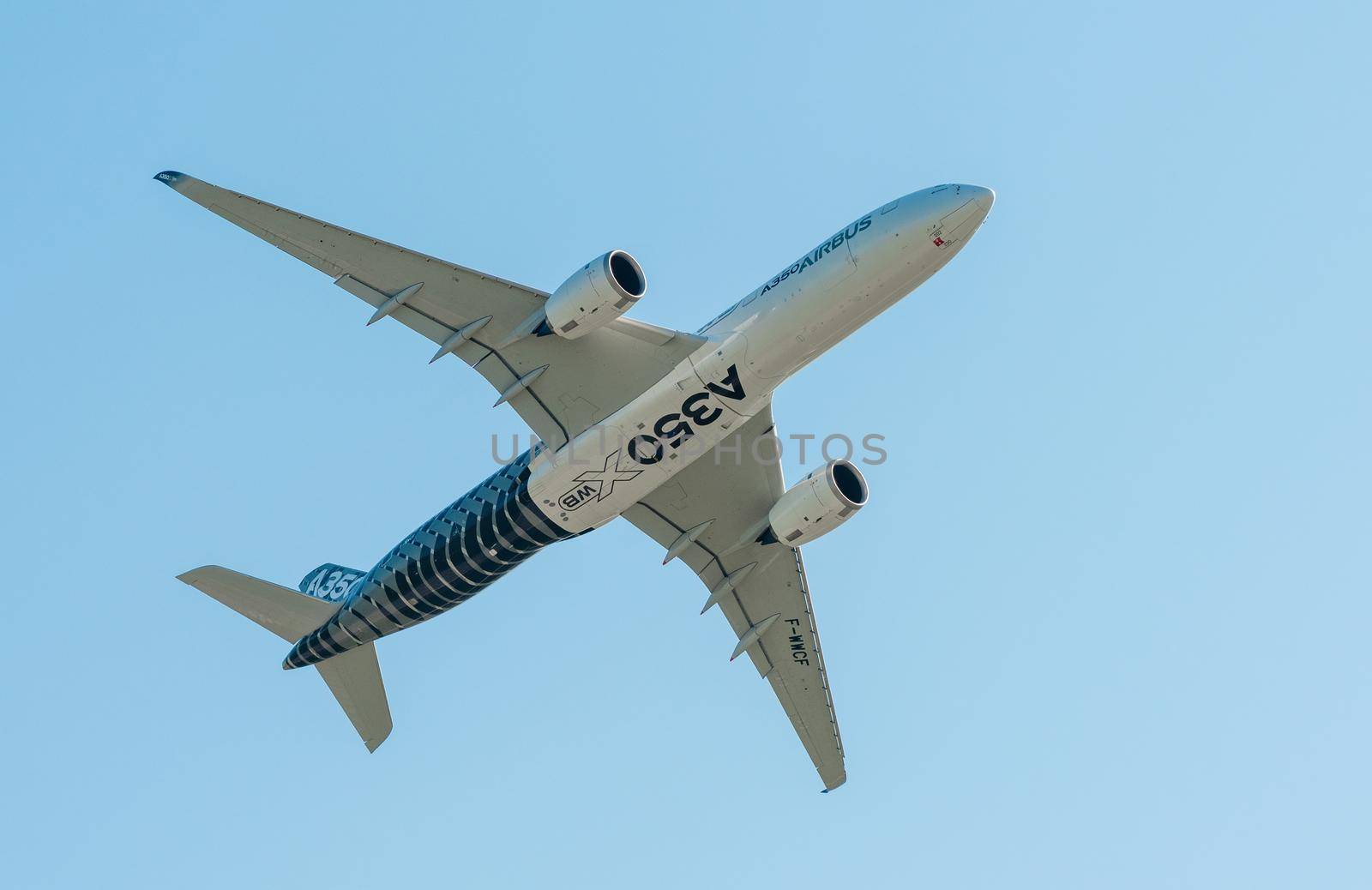 August 30, 2019. Zhukovsky, Russia. long-range wide-body twin-engine passenger aircraft Airbus A350-900 XWB Airbus Industrie at the International Aviation and Space Salon MAKS 2019.