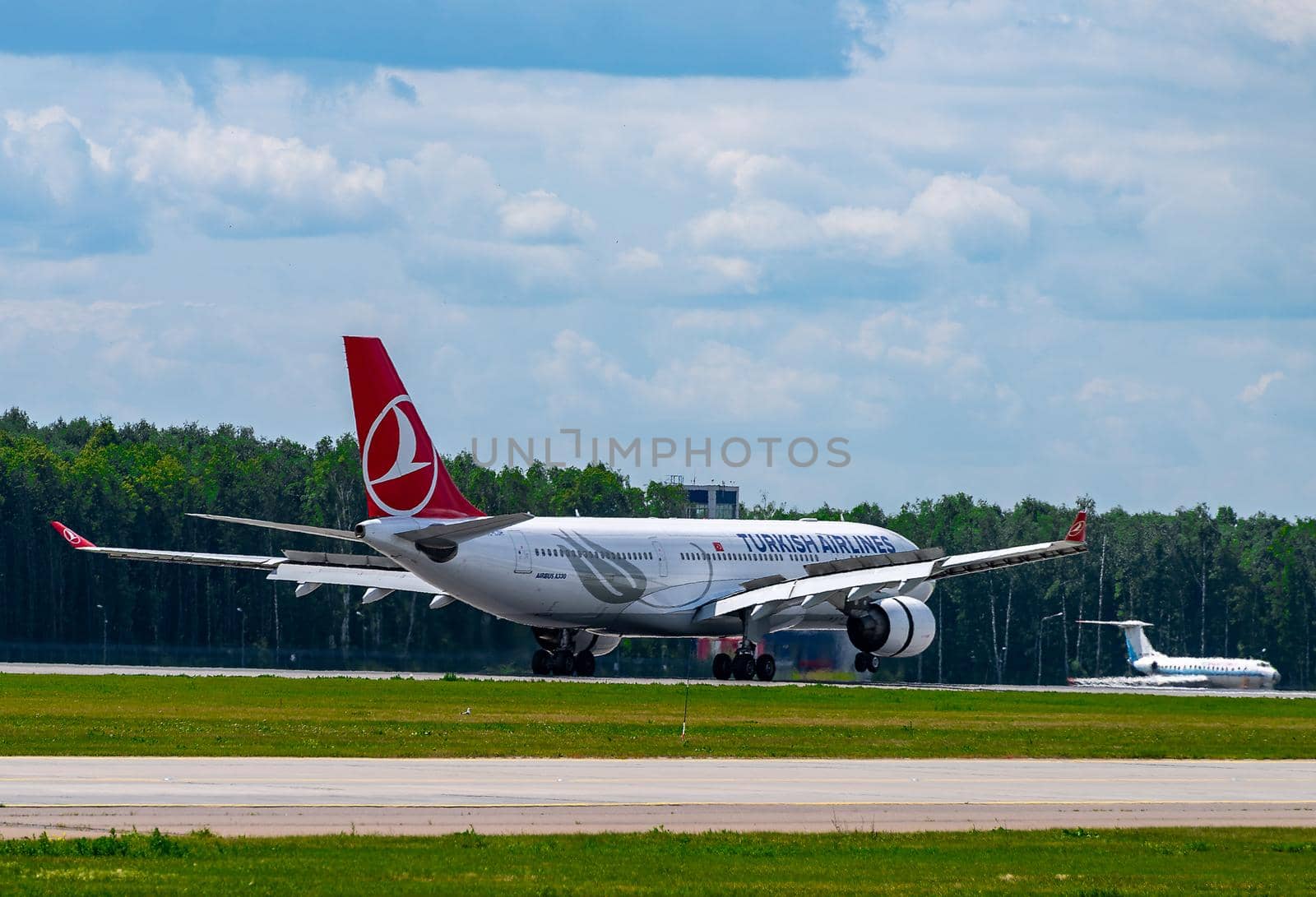 July 2, 2019, Moscow, Russia. Airplane Airbus A330-200 Turkish Airlines at Vnukovo airport in Moscow.