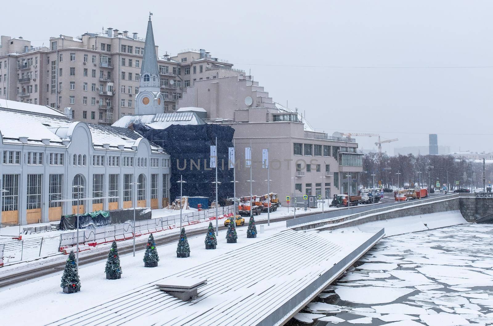 January 31, 2021, Moscow, Russia. Water diversion canal embankment near GES-2 in Moscow in winter during a snowfall.