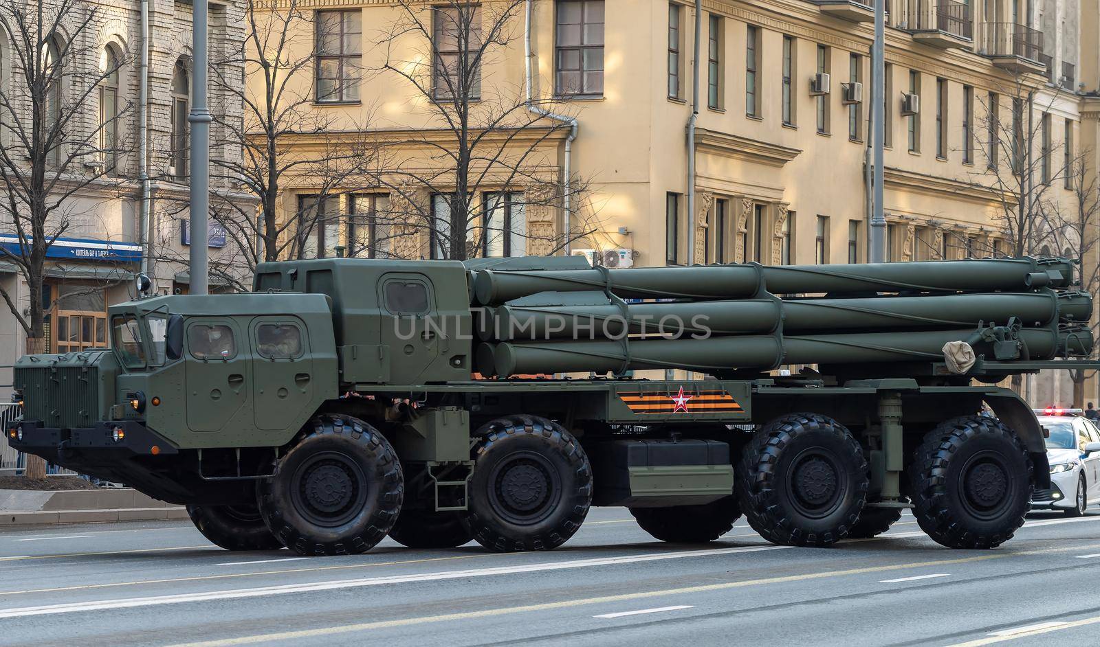 April 30, 2021 Moscow, Russia. Russian multiple launch Rocket System (MLRS) Tornado S on Tverskaya Street in Moscow.