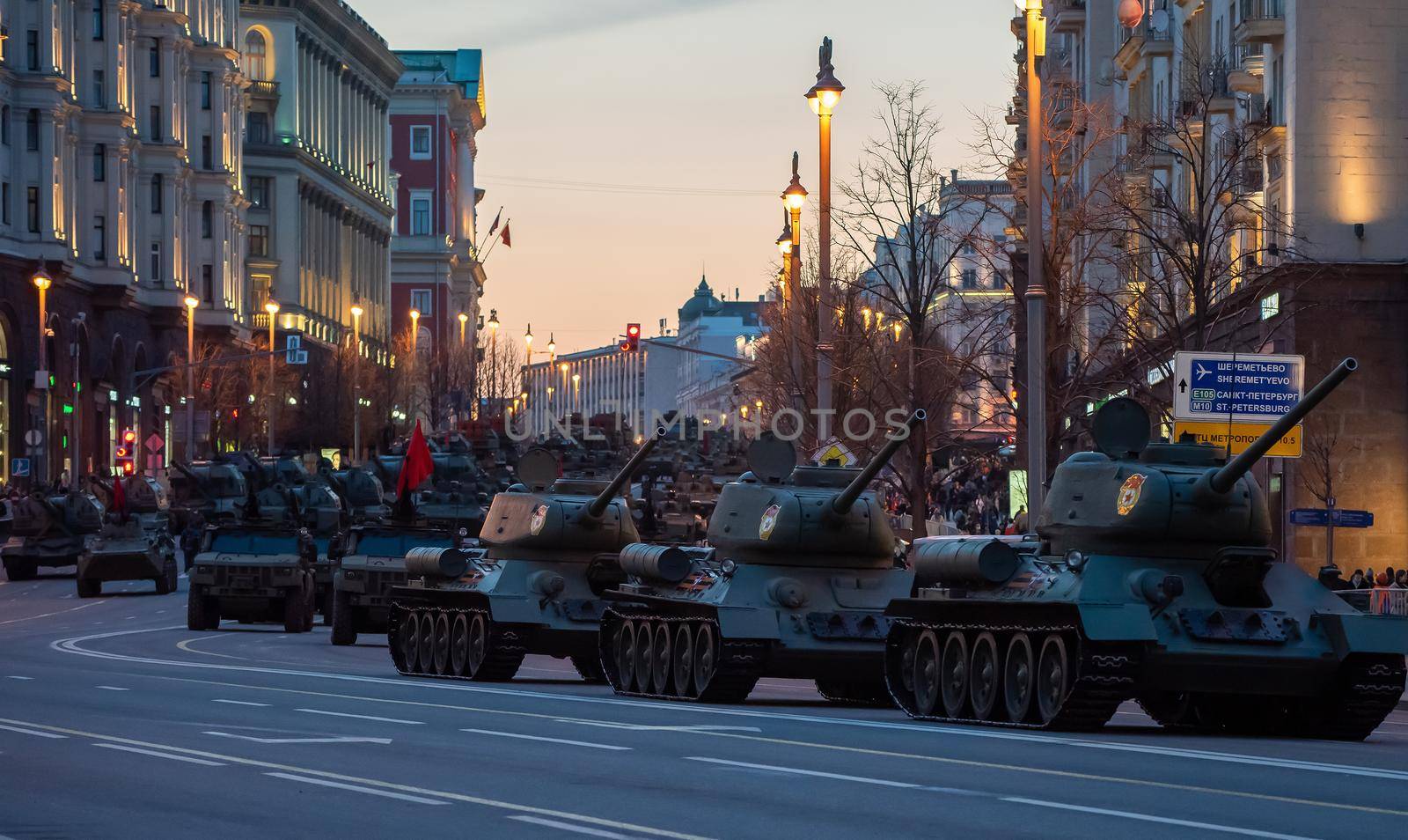 April 30, 2021 Moscow, Russia. Soviet medium tank of the World War II period T-34-85 on Tverskaya Street in Moscow.