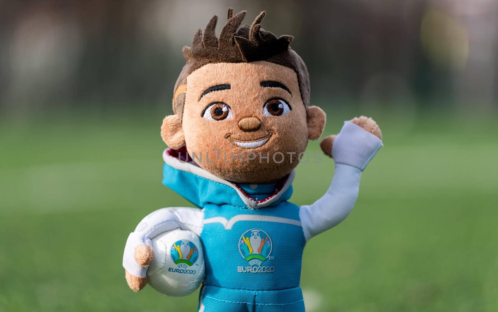 April 16, 2021 Moscow, Russia. Soft toy mascot of the European Football Championship 2020 Skillzy on the green grass of the lawn of the football stadium.