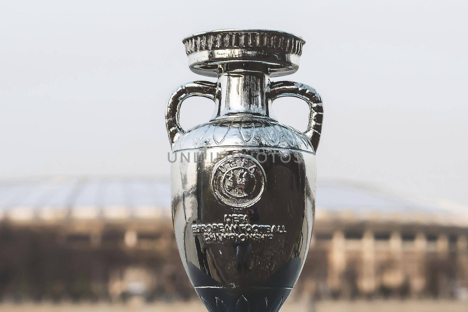 April 13, 2021 Moscow, Russia. European Championship Cup on the background of the Luzhniki Stadium.