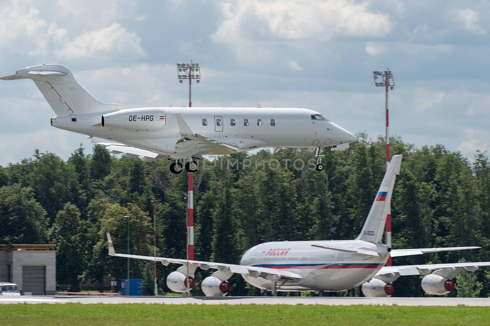 July 2, 2019, Moscow, Russia. Airplane Bombardier BD-100-1A10 Challenger 300 Amira Air airline at Vnukovo airport in Moscow.