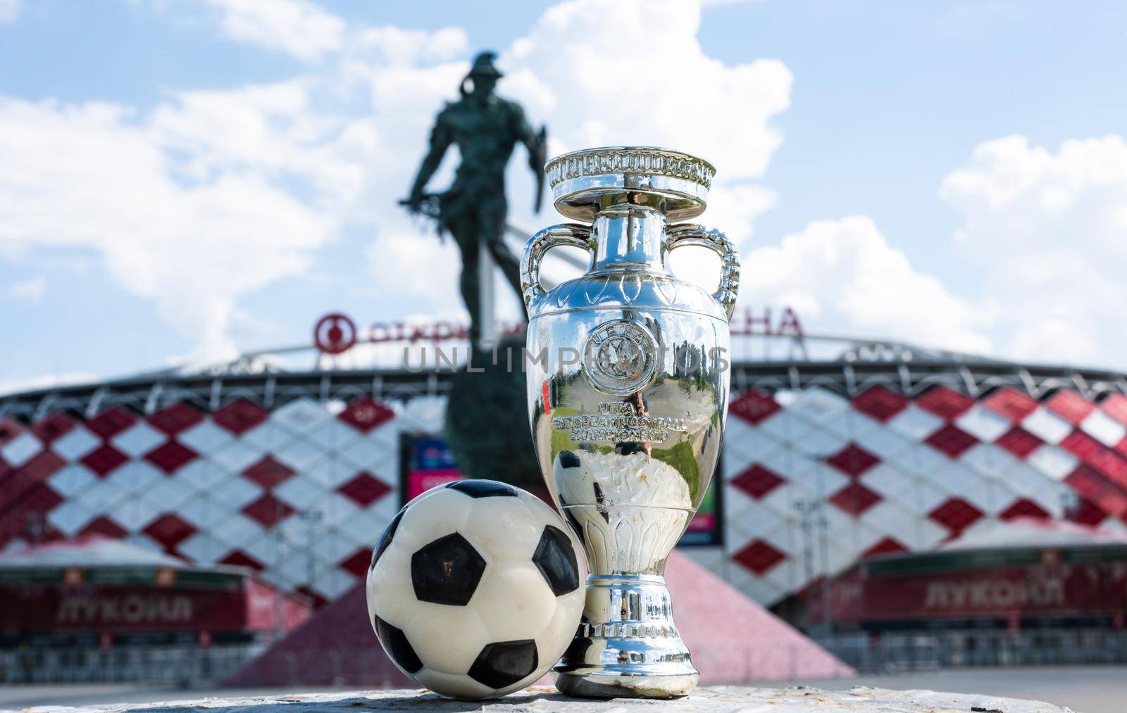 June 14, 2021, Moscow, Russia. European Football Championship Cup in front of Spartak Stadium - Otkrytie Arena.