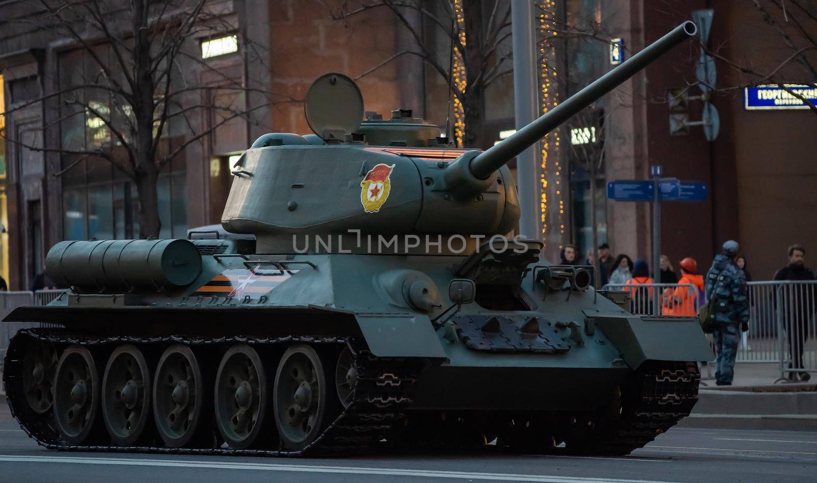 April 30, 2021 Moscow, Russia. Soviet medium tank of the World War II period T-34-85 on Tverskaya Street in Moscow.