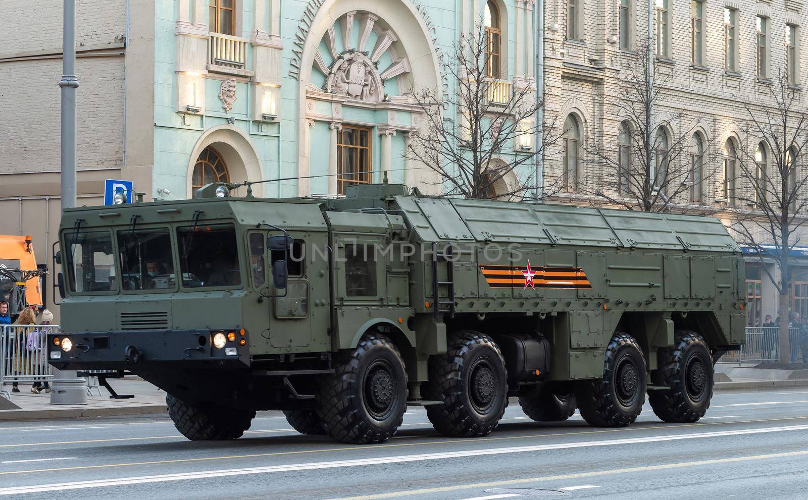 April 30, 2021 Moscow, Russia. Russian operational-tactical missile system (OTRK) Iskander-M on Tverskaya Street in Moscow.